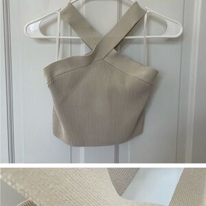Babaton Beige Ribbed Cross-Strap Tank Top